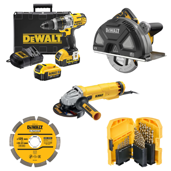 Pack cerrajero DEWALT XR con taladro percutor, amoladora, sierra circular y accesorios
